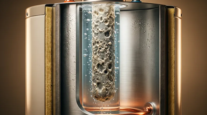 A cutaway view of a residential water heater showing the internal steel tank and a long magnesium anode rod submerged in water.