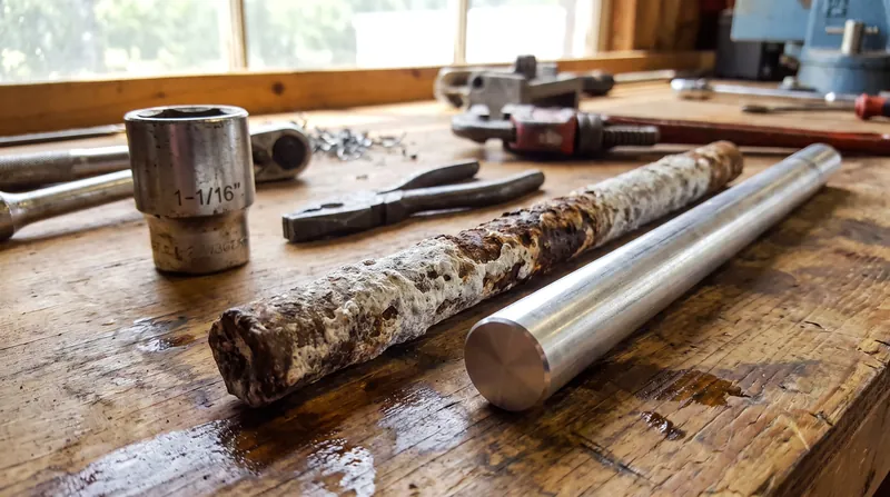 A depleted anode rod (left) next to a new replacement. Once the metal is fully consumed, the tank begins to rust.