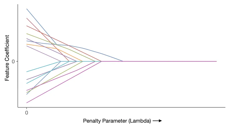 As the penalty parameter λ increases, Lasso sequentially forces more coefficients to exactly zero.