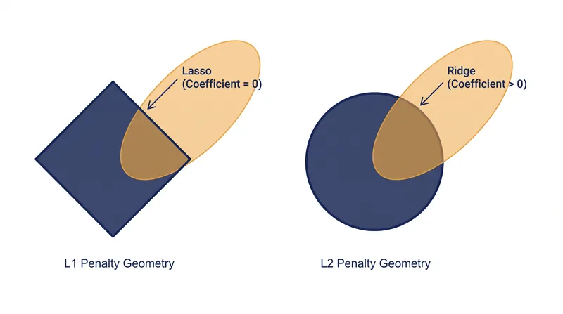 The sharp corners of the L1 penalty intersect the error contours on the axes, zeroing out variables.