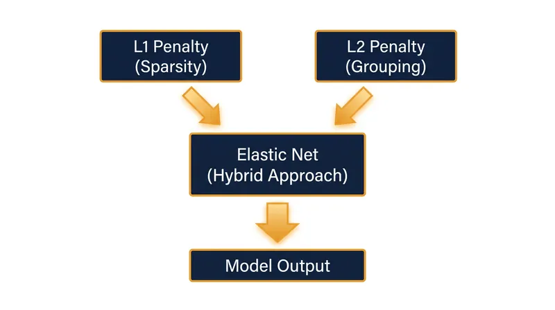 Elastic Net combines both penalties to achieve feature selection while maintaining grouped variable stability.