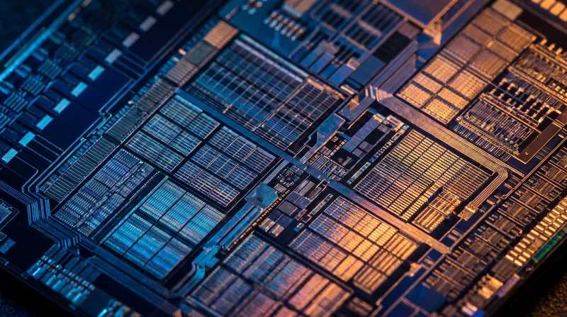 Close-up macro photograph of a computer processor die showing the grid-like structure of SRAM caches.