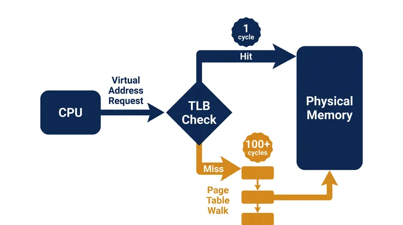 A TLB hit resolves an address in a single clock cycle, while a miss triggers a costly page table walk.