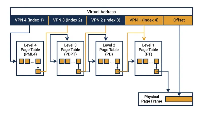 Modern operating systems like Linux use 4-level or 5-level page tables to map virtual memory.