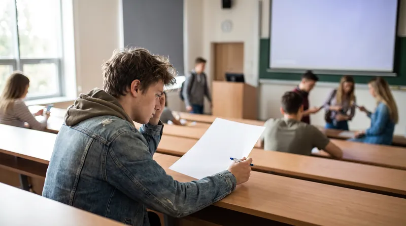 A student sits at a desk in a classroom, writing on a test paper with a pen.