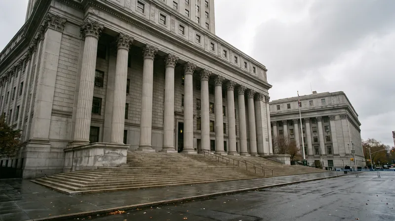 Exterior view of a federal courthouse building in New York with stone columns and steps.