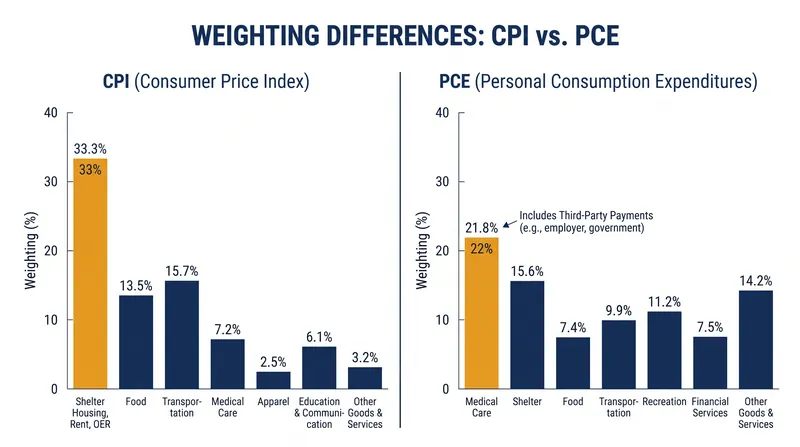 The inclusion of employer-paid healthcare and government programs drastically increases the weight of medical care in the PCE.