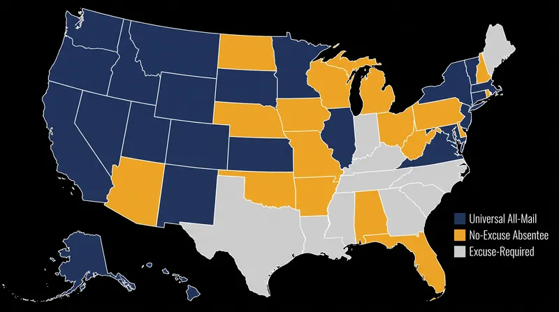 Mail-in voting access varies significantly across the United States, with 14 states still requiring a qualifying excuse.