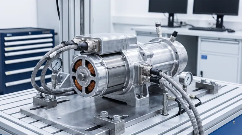 A metallic automotive steer-by-wire front axle actuator assembly resting on an engineering test bench.