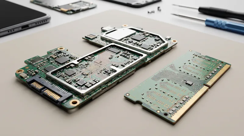 Close-up view of a smartphone logic board showing the central processing unit and memory chips under bright lighting.