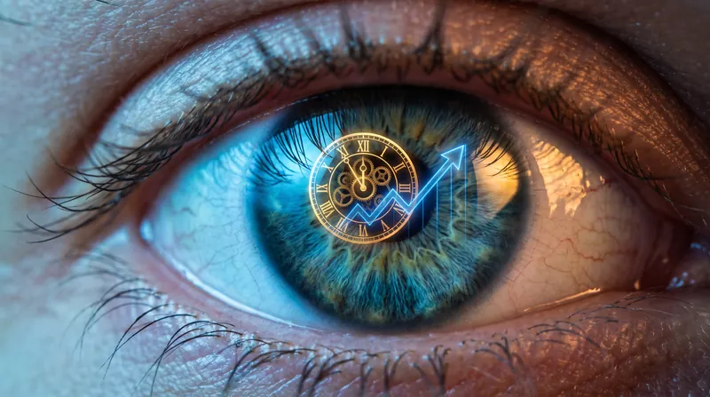 A close-up of a human eye with a clock face and a rising graph line reflected in the pupil.
