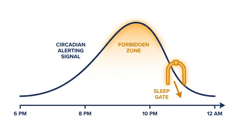 The sleep gate opens when the circadian alerting signal drops, unmasking the accumulated sleep pressure.