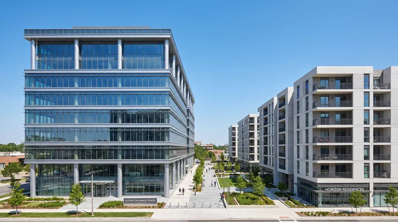 A modern commercial real estate building next to a residential apartment complex under bright daylight.