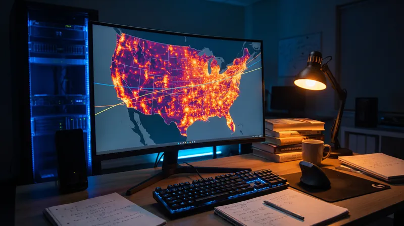 A computer monitor displaying a demographic heat map and statistical regression curves in a dark workspace.