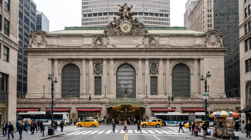 The exterior facade of Grand Central Terminal in New York City with pedestrians and traffic in the foreground.