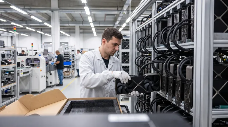 A worker slotting a large consumer graphics card into a dense multi-GPU artificial intelligence server rack.