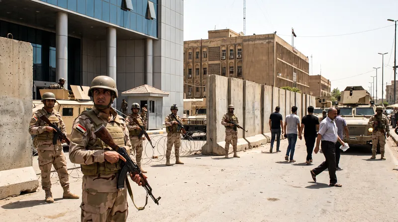 Iraqi security forces and militia members standing guard near the Green Zone in Baghdad.