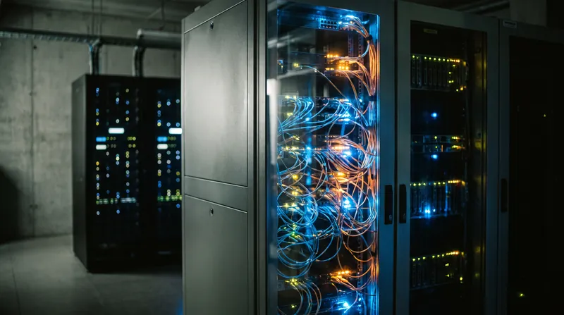 A glowing fiber-optic server rack in a modern data center illuminated by blue and amber LED lights.