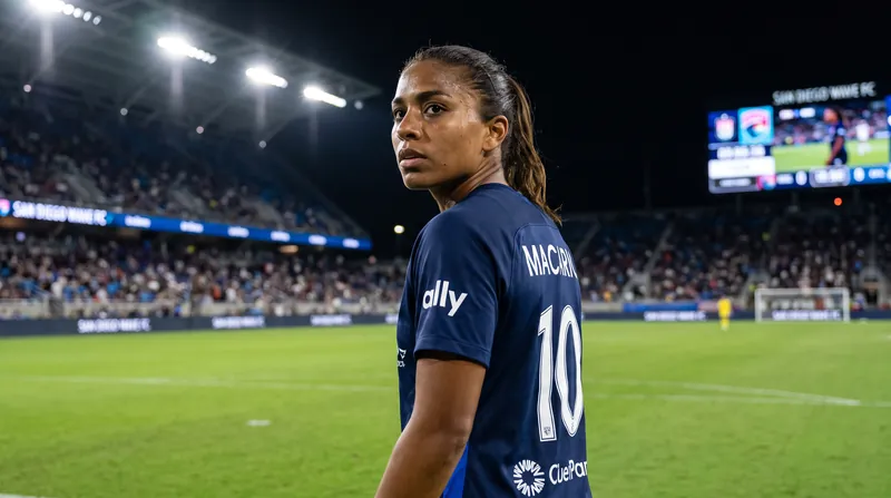 Catarina Macario in a San Diego Wave FC uniform looking focused on the soccer pitch.
