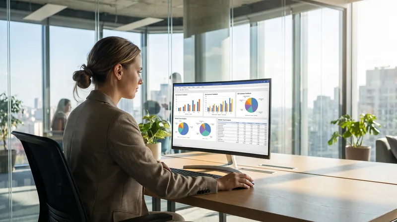 A startup founder sits at a modern desk analyzing a data dashboard on a computer screen.