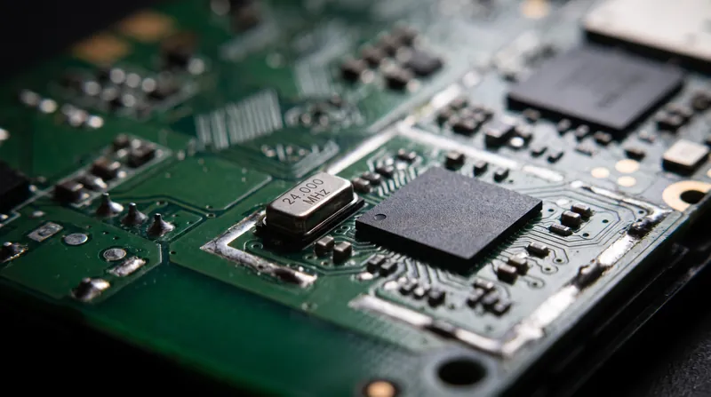 Macro photograph of a disassembled smartphone showing the green motherboard and small electronic components.