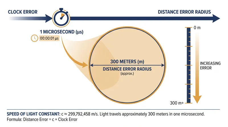 Because radio signals travel at the speed of light, a one-microsecond clock offset creates 300 meters of positional error.
