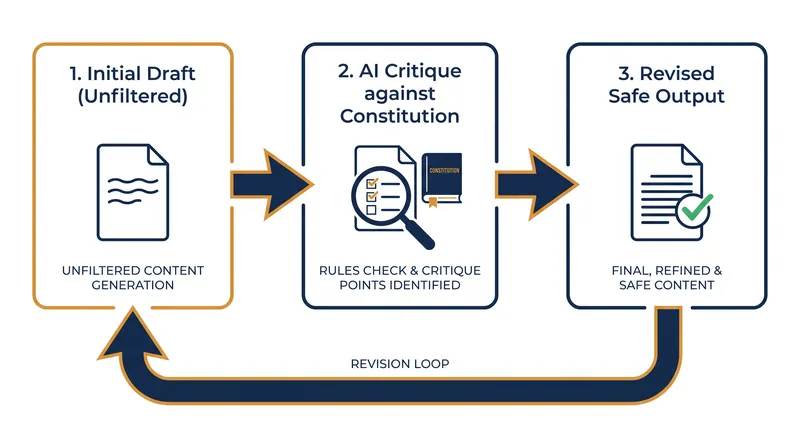 In the supervised learning phase, the model drafts a response, critiques it against a written principle, and rewrites it to be safe.