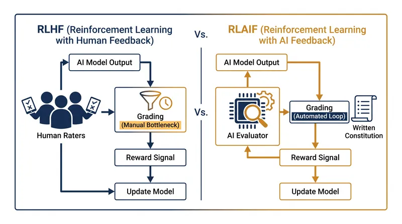 Reinforcement Learning from AI Feedback (RLAIF) replaces the human grading bottleneck with an automated AI evaluator.
