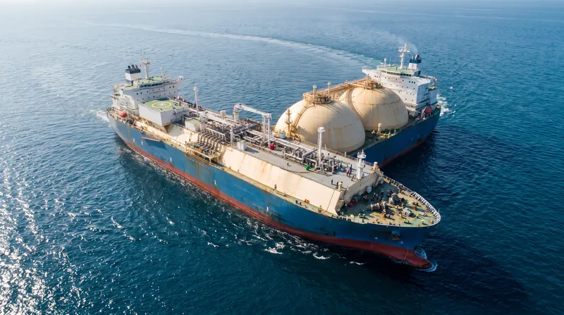 Aerial view of a gas carrier ship with cylindrical cryogenic tanks navigating the ocean.