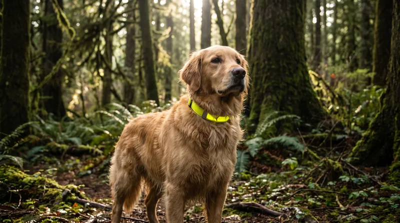 A golden retriever standing in a forest wearing a bright yellow smart GPS tracking collar.