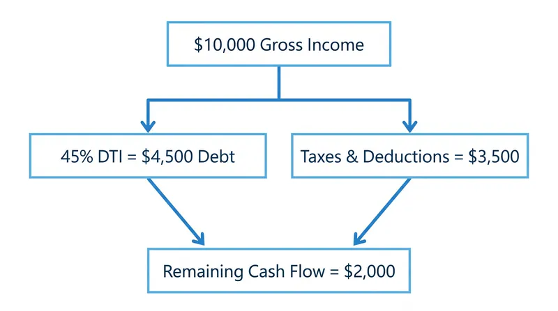 Because DTI is calculated using pre-tax income, a 45% ratio can consume the majority of a household's actual take-home pay.