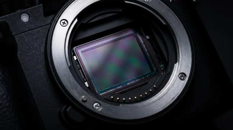 Close-up of a digital camera sensor reflecting iridescent light against a dark background.