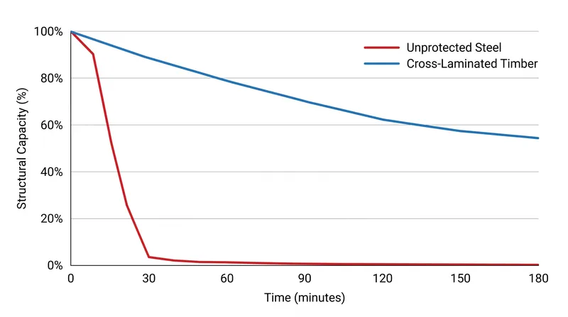 While unprotected steel loses yield strength rapidly under heat, mass timber degrades at a slow, linear pace.
