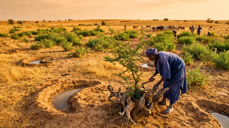 A Sahelian farmer tends to a regenerated native acacia tree sprouting from an old root system amidst crescent-shaped zai pits.