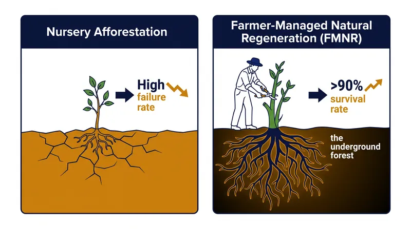 By utilizing existing dormant root systems, FMNR bypasses the vulnerability of nursery-raised saplings.