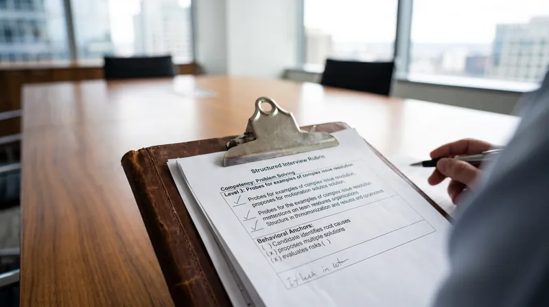 A close-up view of a clipboard holding a detailed interview scoring rubric with behavioral anchors.