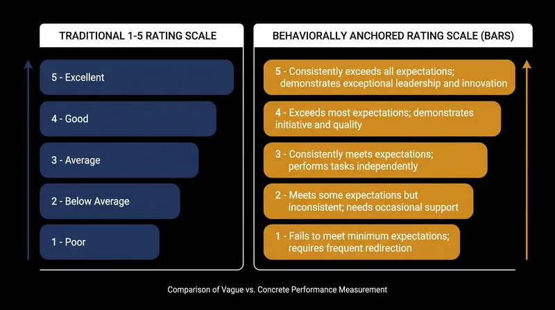 Traditional graphic rating scales leave room for interpretation, while BARS defines exact behaviors for each score.