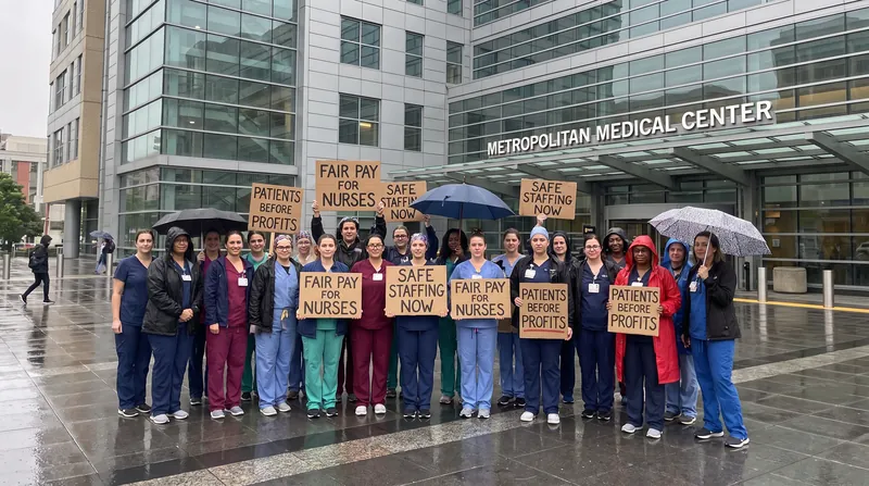 A group of nurses in scrubs holding protest signs outside a hospital building in the rain.