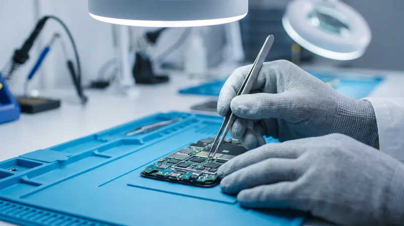 A technician uses tweezers to carefully inspect the motherboard of a disassembled smartphone on a workbench.