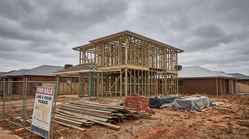 A partially built timber frame of a new house stands deserted under an overcast sky.