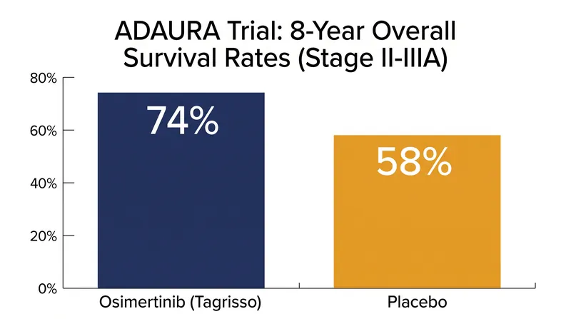 Patients receiving osimertinib had a 74% survival rate at eight years, compared to 58% for those on placebo.