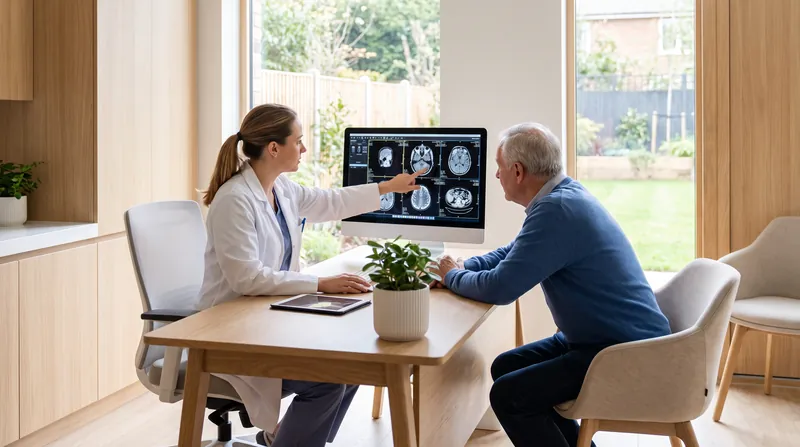 A doctor in a white coat sits across a desk consulting with a patient in a clinic.
