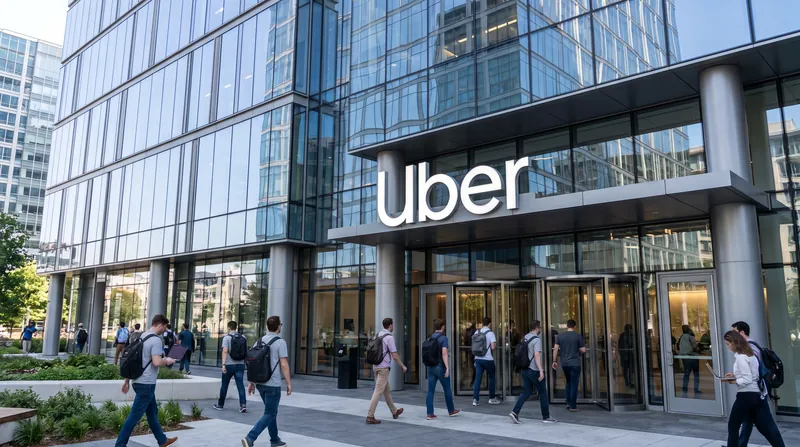 A modern corporate office building with the Uber logo, with employees walking toward the entrance.