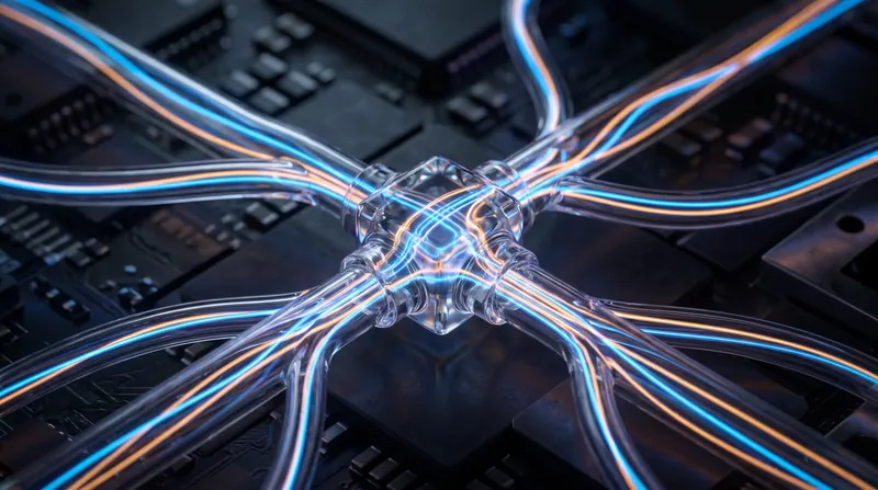 A macro photograph of a glowing fiber-optic network with blue and amber light trails passing through a central glass routing node.