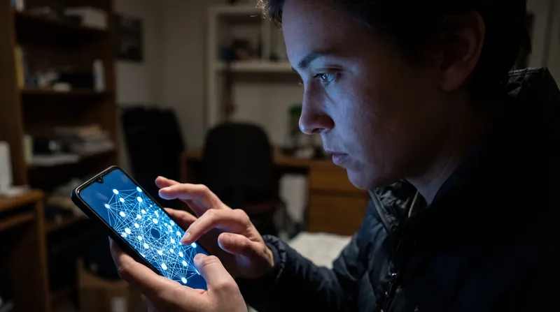 A glowing smartphone screen displaying a complex network graph, held by a person in a dimly lit room, symbolizing digital information transmission.