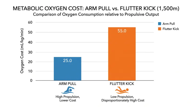 The large muscles of the legs demand significantly more oxygen than the upper body, making over-kicking metabolically expensive.