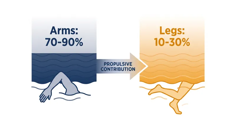 Research on national-level swimmers shows the upper body generates the vast majority of forward thrust.