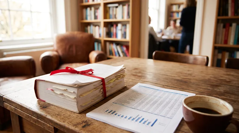 A thick printed manuscript sits on a wooden conference table next to a financial spreadsheet and a cup of coffee.