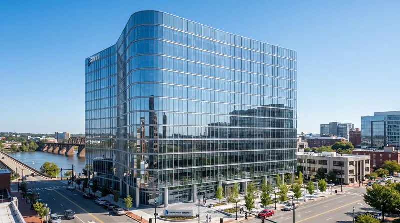 A wide exterior shot of the Dominion Energy corporate headquarters building in downtown Richmond, Virginia, featuring modern glass architecture.