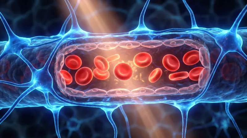 3D rendering of the blood-brain barrier showing red blood cells inside a capillary wrapped by astrocytes.